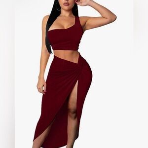 BEAGIMEG Women's Sexy One Shoulder Long Bodycon Slit Skirt- Size M